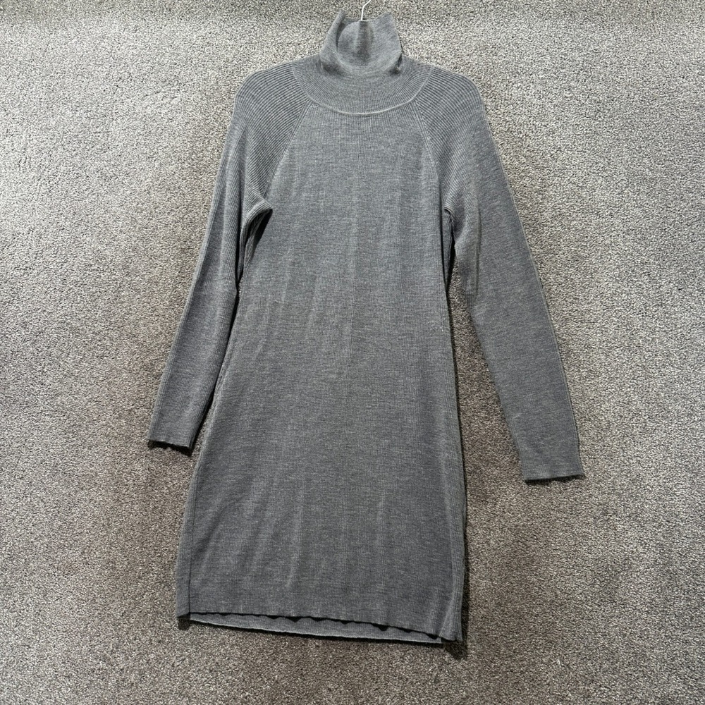 Garnet Hill 100% Merino Wool Ribbed Turtleneck Sweater Dress Large Gray Neutral